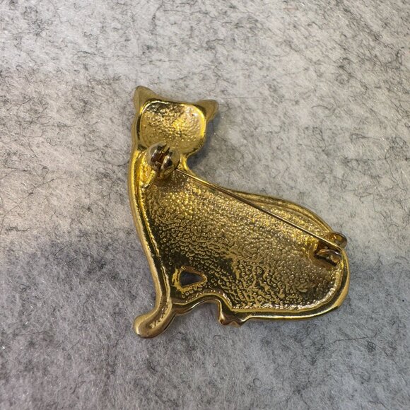 Vintage Enamel Black Cat Brooch With Rhinestone Eyes & Gold-Tone Accents - Picture 3 of 5